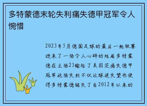 多特蒙德末轮失利痛失德甲冠军令人惋惜 多特蒙德末轮失利痛失德甲冠军令人惋惜