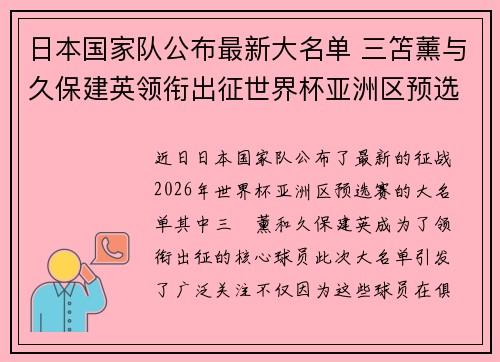 日本国家队公布最新大名单 三笘薰与久保建英领衔出征世界杯亚洲区预选赛